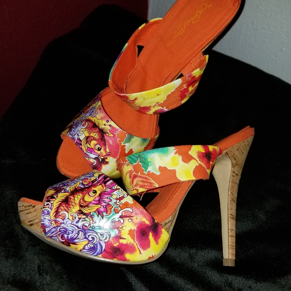 Ed HARDY Graphic Open Toe Heels